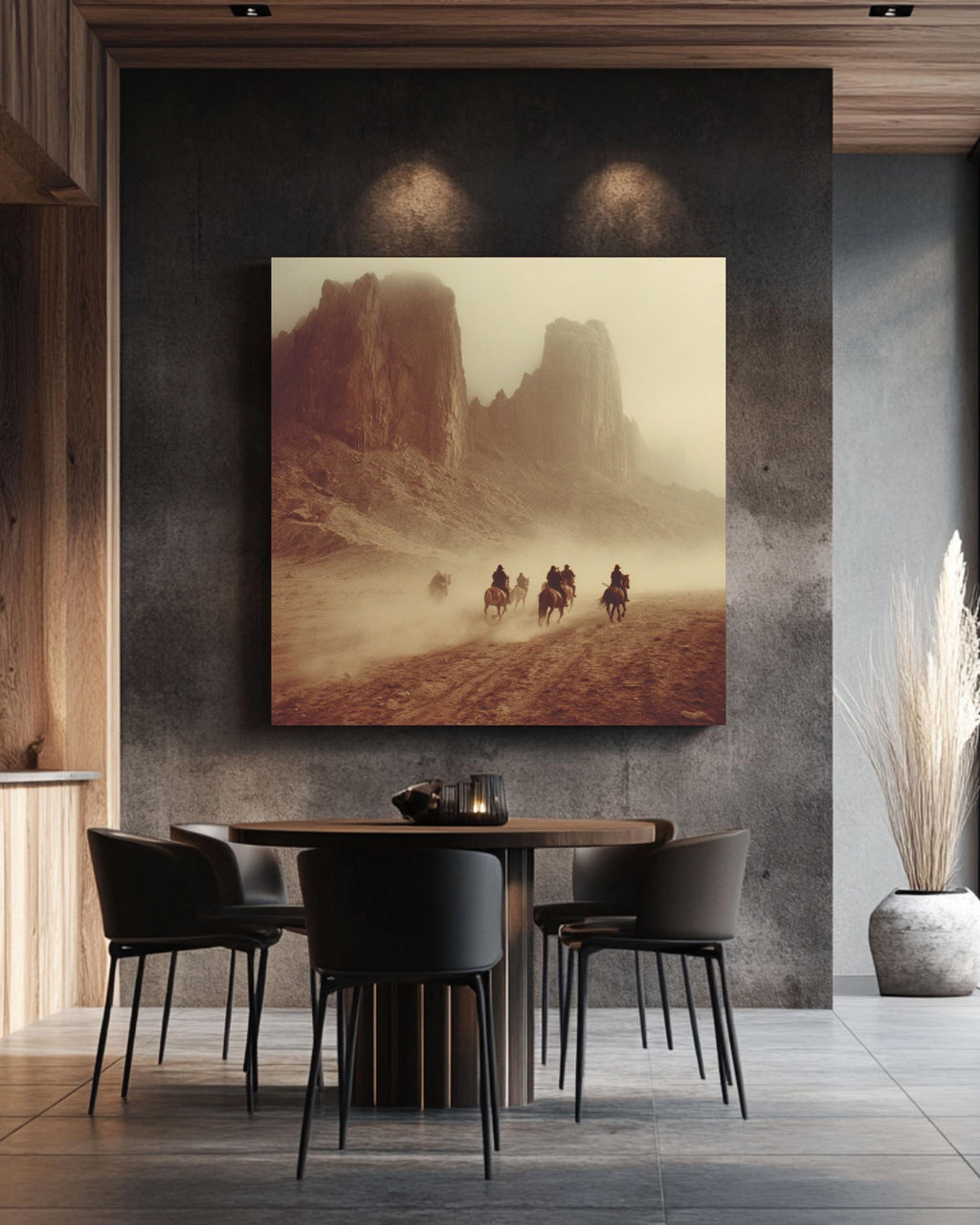 Vintage Western Desert Landscape Canvas, Horse Riders in Dust, Retro Movie Poster Style, Southwest Wall Art Print