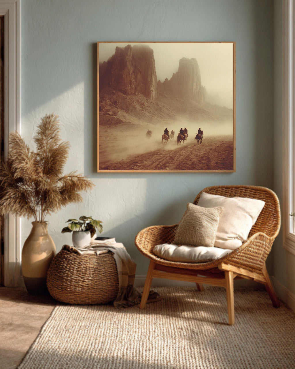 Vintage Western Desert Landscape Canvas, Horse Riders in Dust, Retro Movie Poster Style, Southwest Wall Art Print
