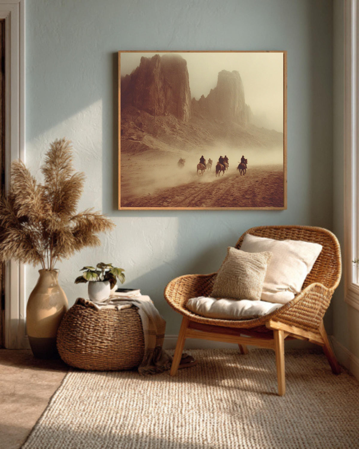 Vintage Western Desert Landscape Canvas, Horse Riders in Dust, Retro Movie Poster Style, Southwest Wall Art Print