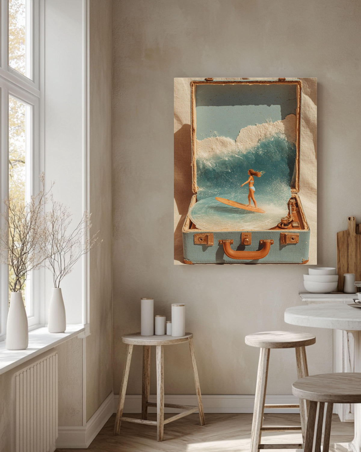 Surreal Surf in Suitcase Collage Canvas, Beach Record Player Art, Retro Coastal Wall Decor, Bohemian Summer Print