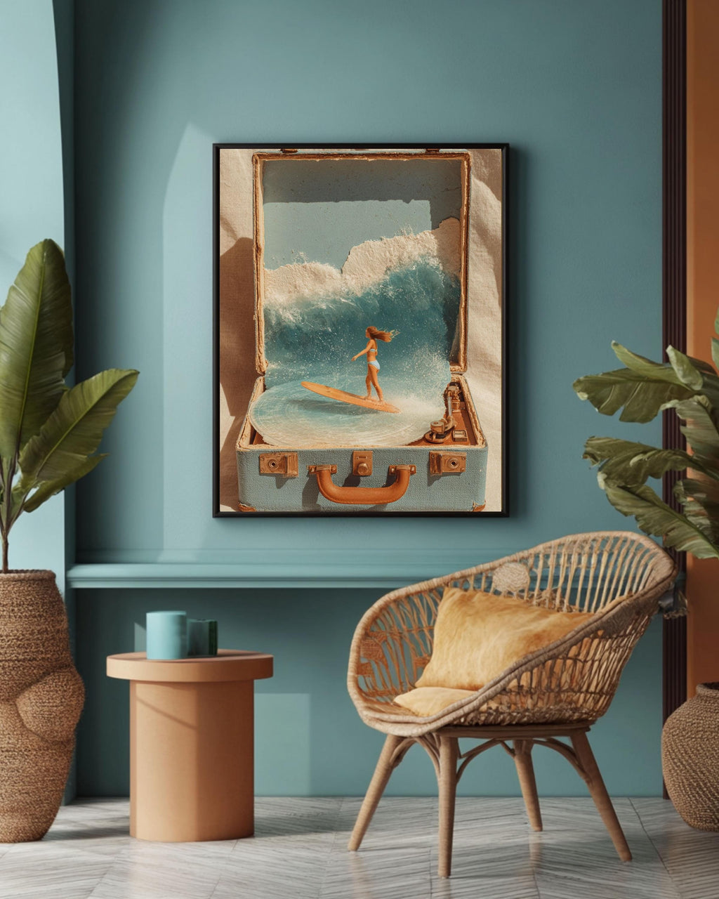 Surreal Surf in Suitcase Collage Canvas, Beach Record Player Art, Retro Coastal Wall Decor, Bohemian Summer Print