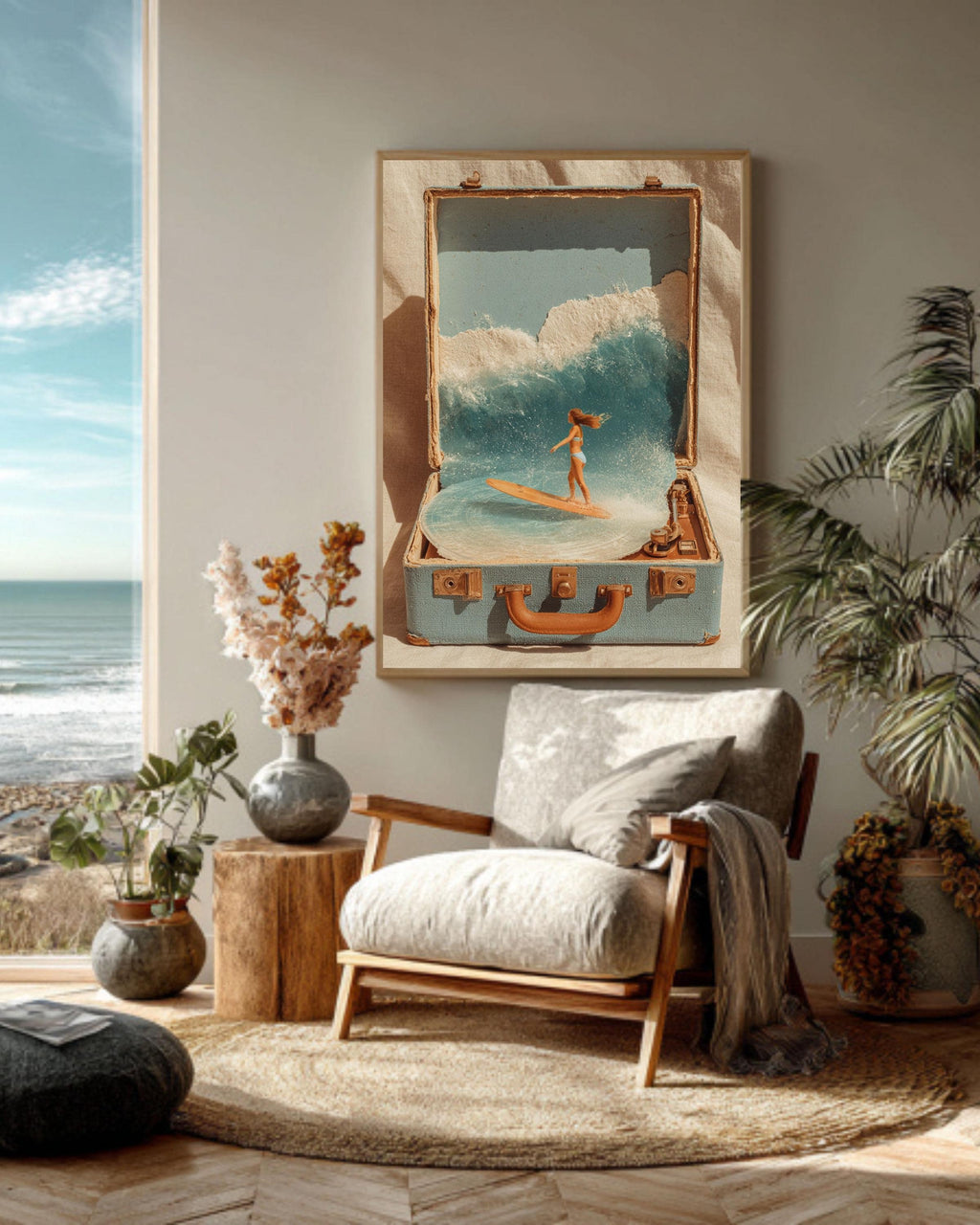 Surreal Surf in Suitcase Collage Canvas, Beach Record Player Art, Retro Coastal Wall Decor, Bohemian Summer Print