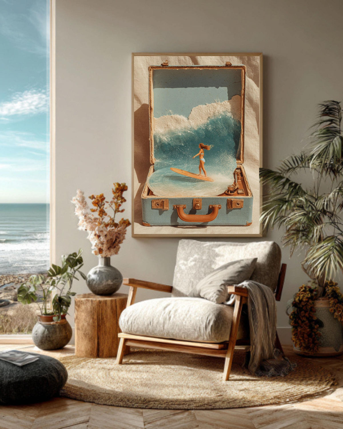 Surreal Surf in Suitcase Collage Canvas, Beach Record Player Art, Retro Coastal Wall Decor, Bohemian Summer Print