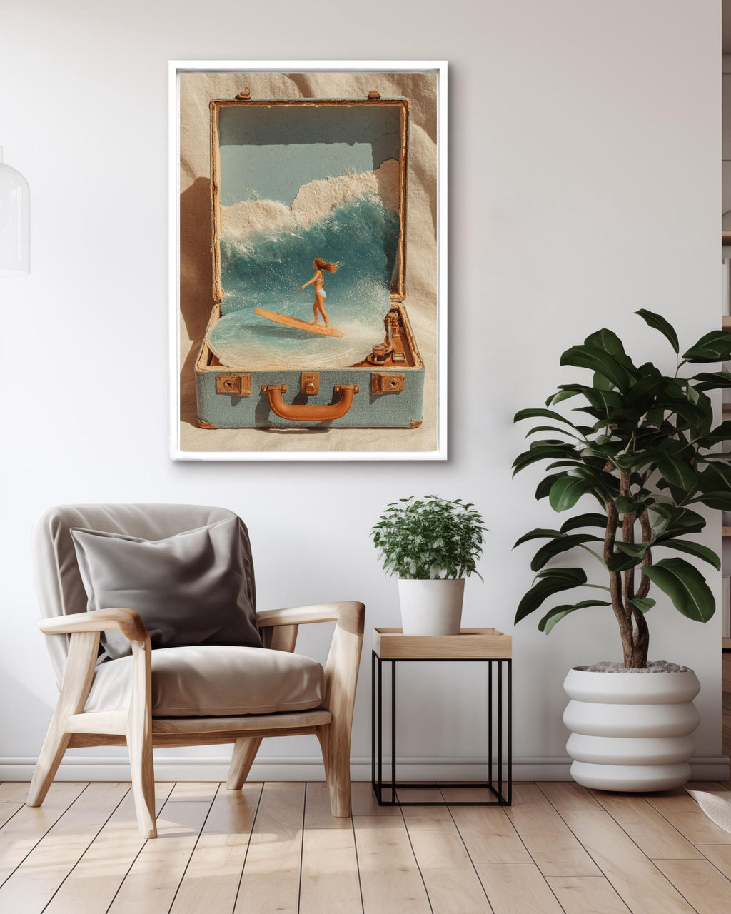 Surreal Surf in Suitcase Collage Canvas, Beach Record Player Art, Retro Coastal Wall Decor, Bohemian Summer Print