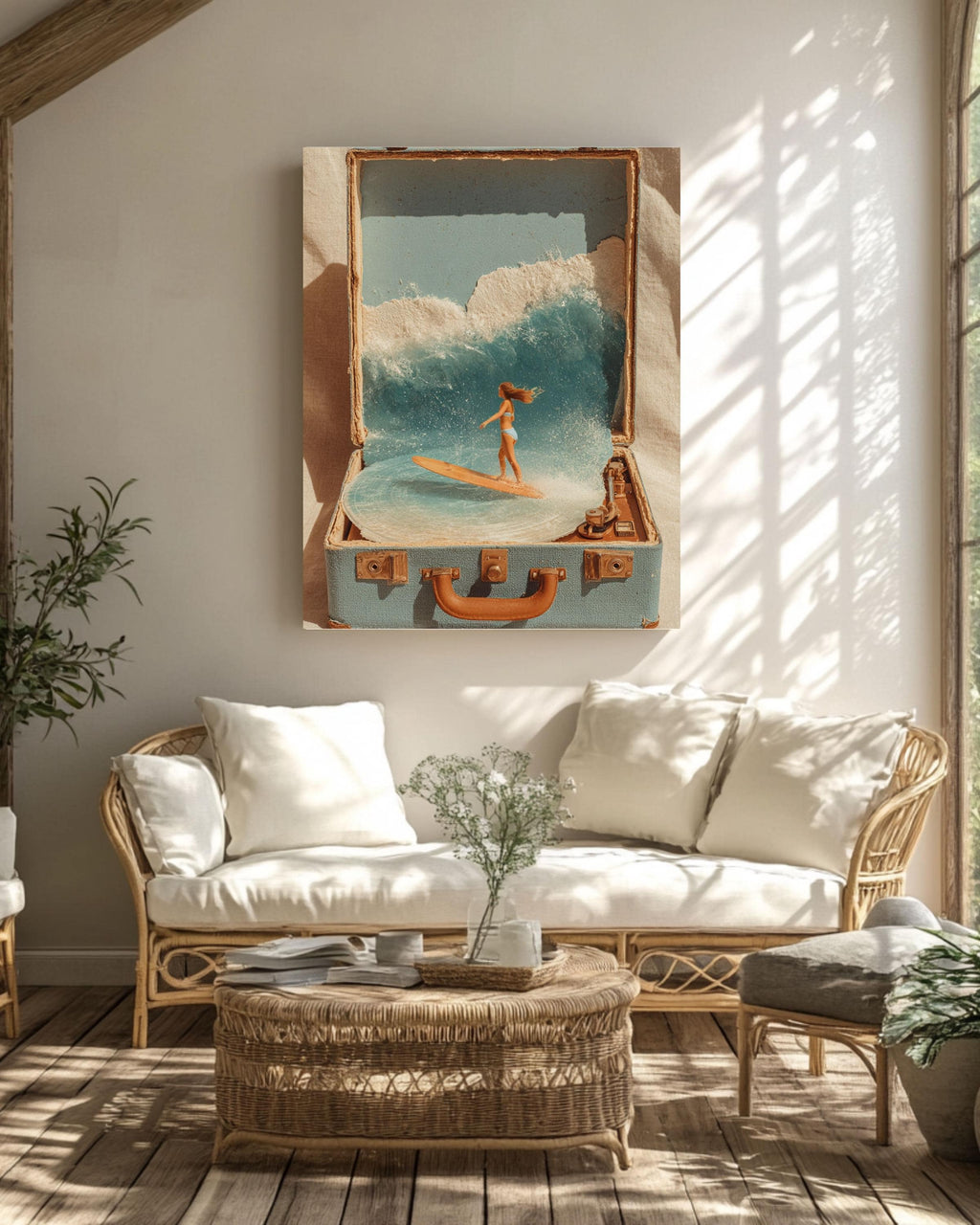 Surreal Surf in Suitcase Collage Canvas, Beach Record Player Art, Retro Coastal Wall Decor, Bohemian Summer Print