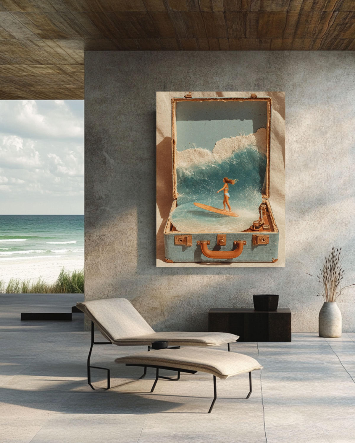 Surreal Surf in Suitcase Collage Canvas, Beach Record Player Art, Retro Coastal Wall Decor, Bohemian Summer Print