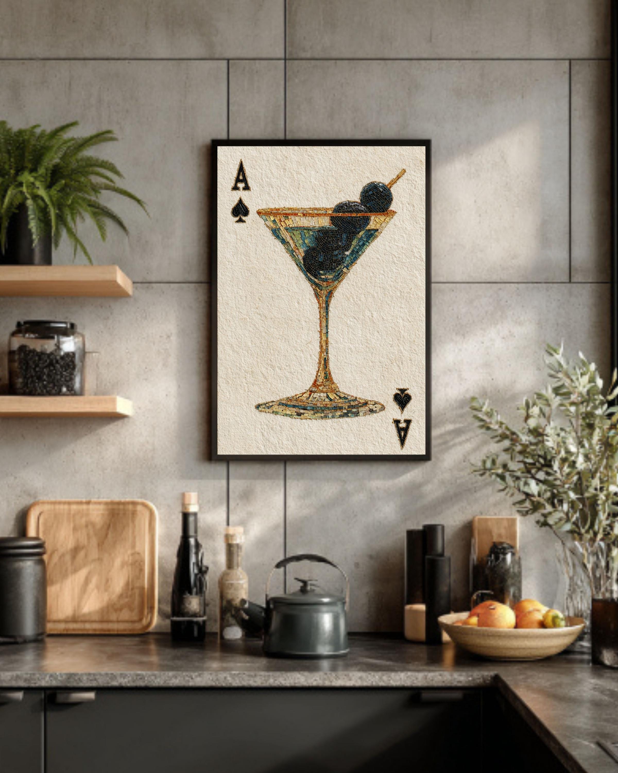Martini Ace of Spades Mosaic Canvas, Playing Card Wall Art, Game Room Casino Decor, Unique Cocktail Print