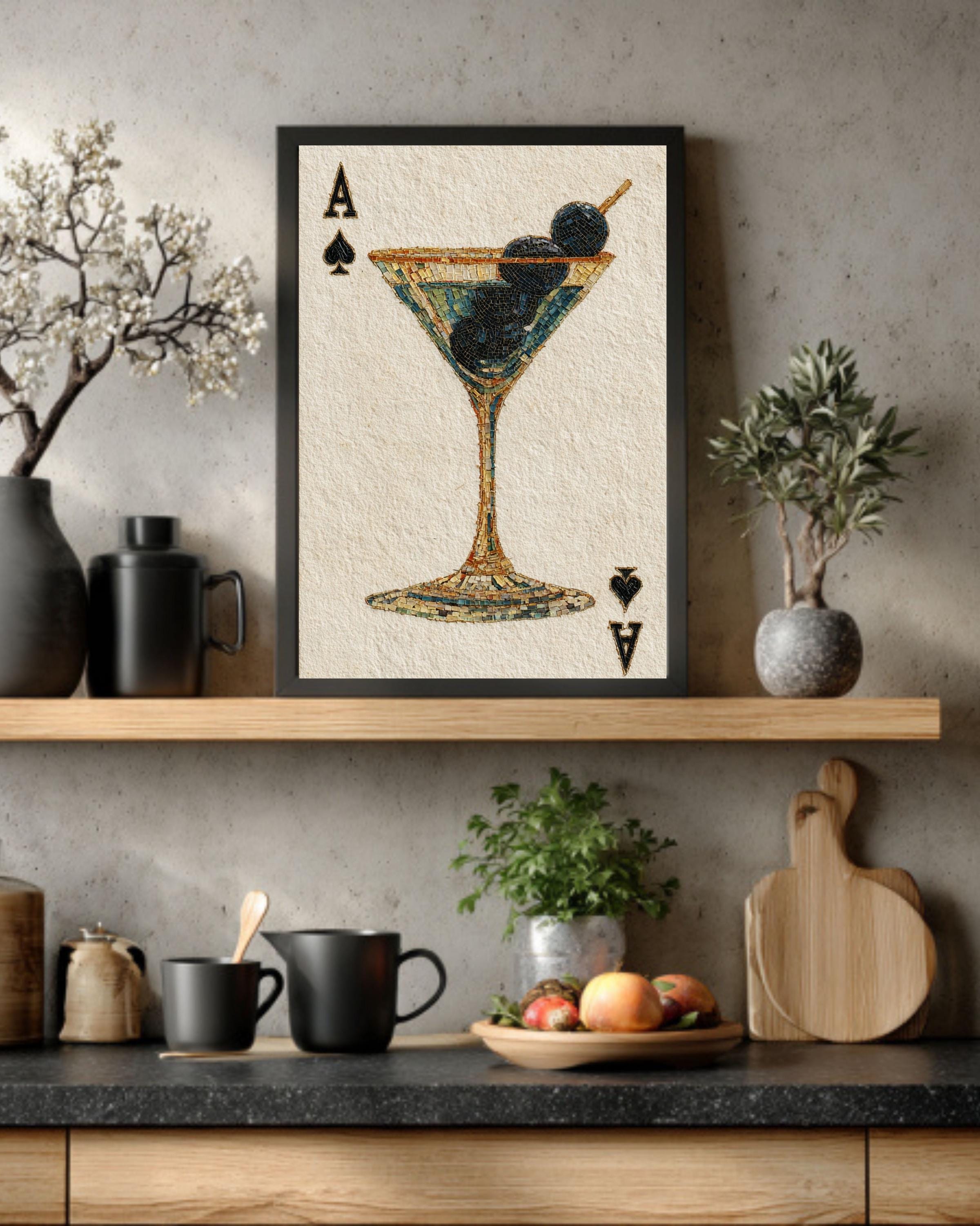 Martini Ace of Spades Mosaic Canvas, Playing Card Wall Art, Game Room Casino Decor, Unique Cocktail Print