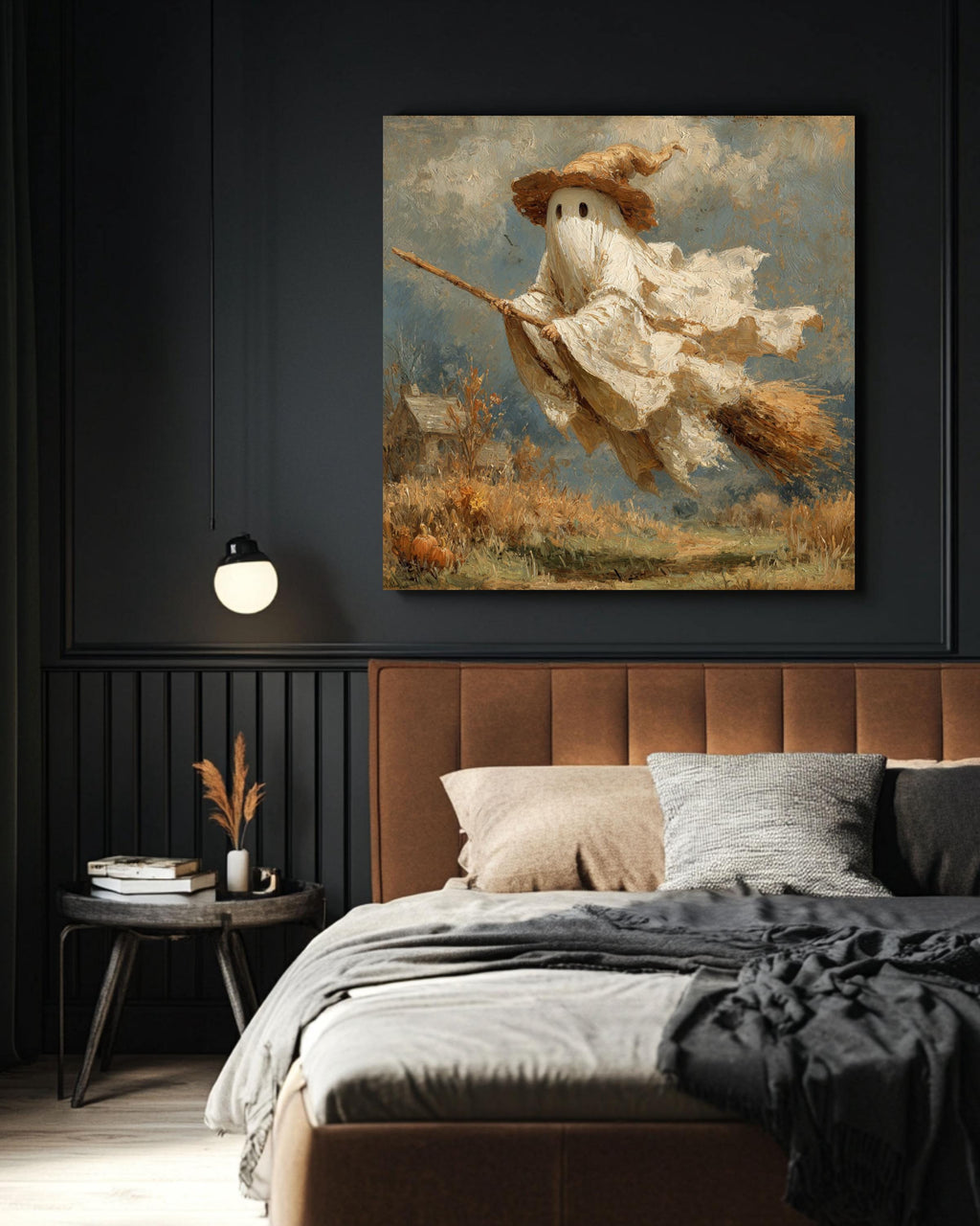 Whimsical Ghost Witch Canvas Art Print, Halloween Farmhouse Decor