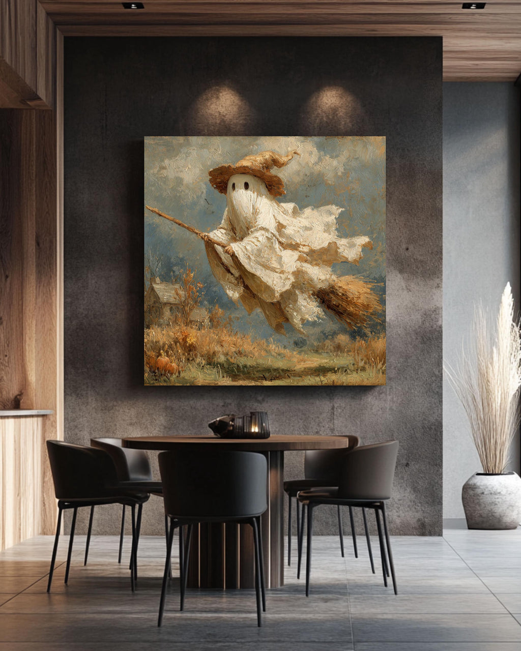 Whimsical Ghost Witch Canvas Art Print, Halloween Farmhouse Decor