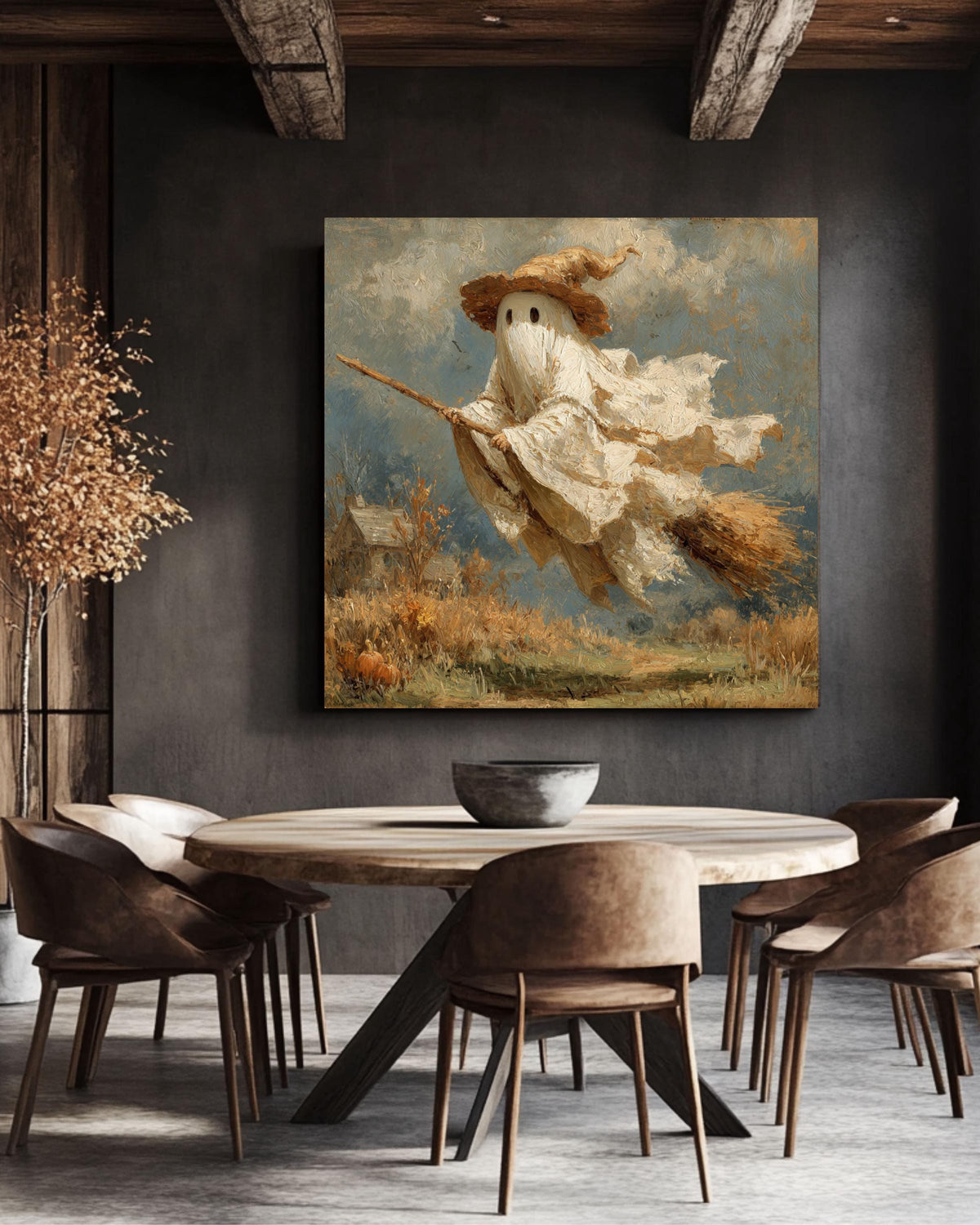 Whimsical Ghost Witch Canvas Art Print, Halloween Farmhouse Decor