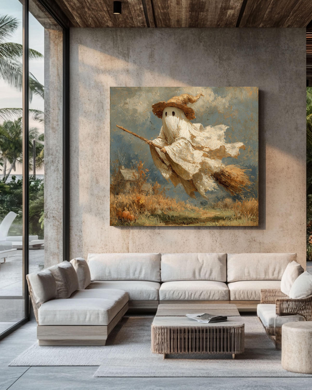Whimsical Ghost Witch Canvas Art Print, Halloween Farmhouse Decor