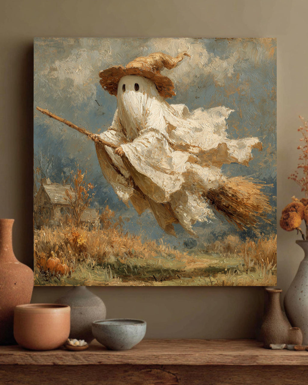 Whimsical Ghost Witch Canvas Art Print, Halloween Farmhouse Decor