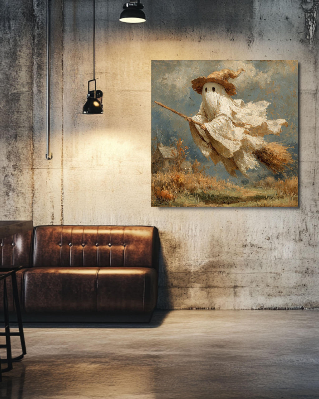 Whimsical Ghost Witch Canvas Art Print, Halloween Farmhouse Decor