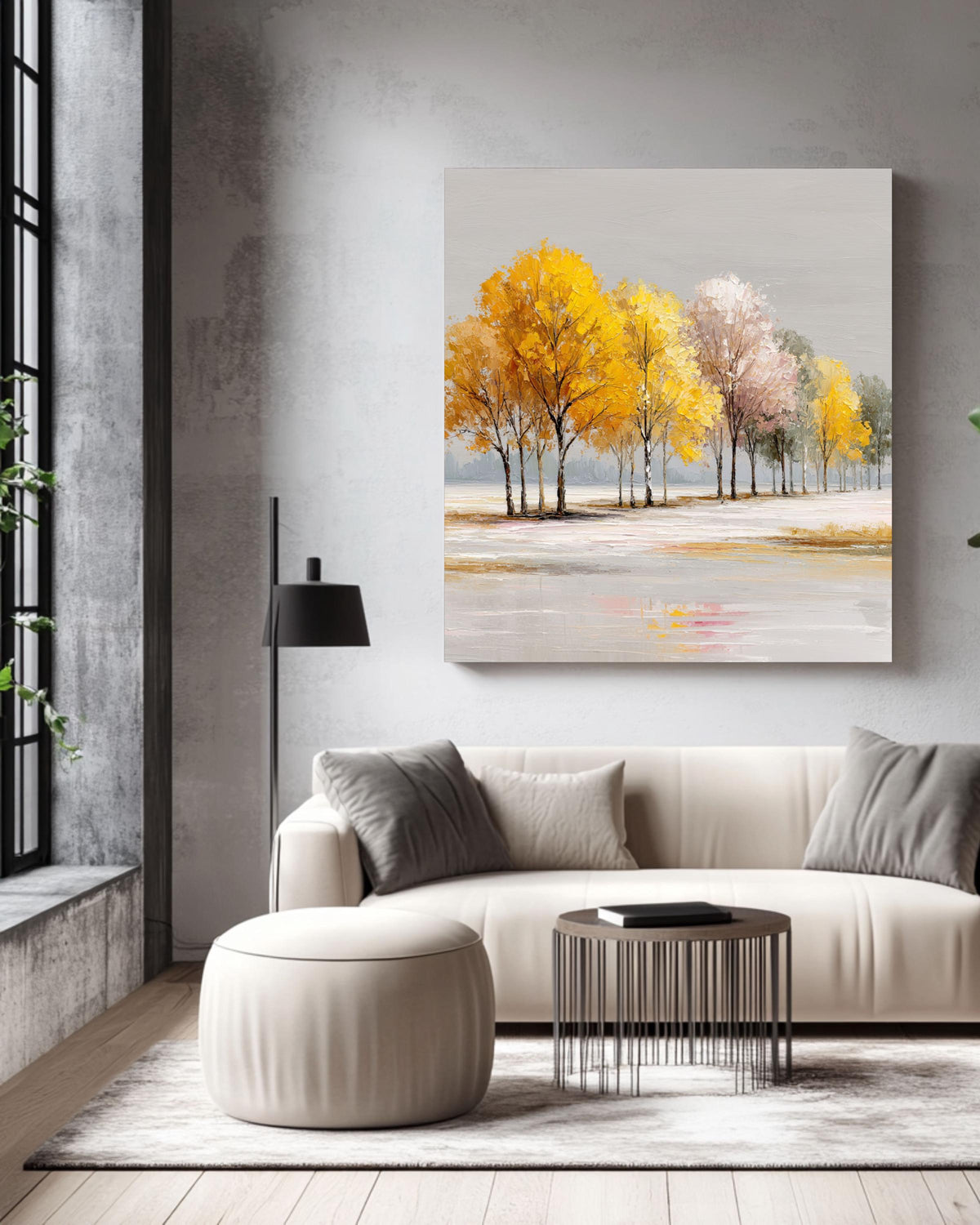 Autumn Trees Canvas Print, Modern Textured Fall Landscape Painting, Yellow Gold Acrylic Wall Art