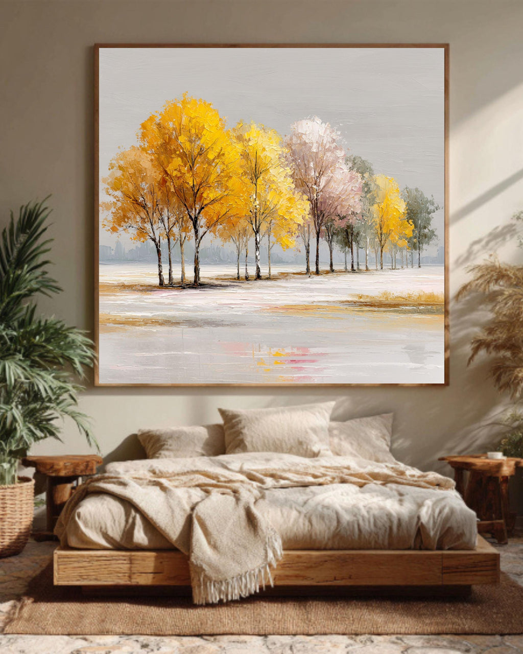 Autumn Trees Canvas Print, Modern Textured Fall Landscape Painting, Yellow Gold Acrylic Wall Art
