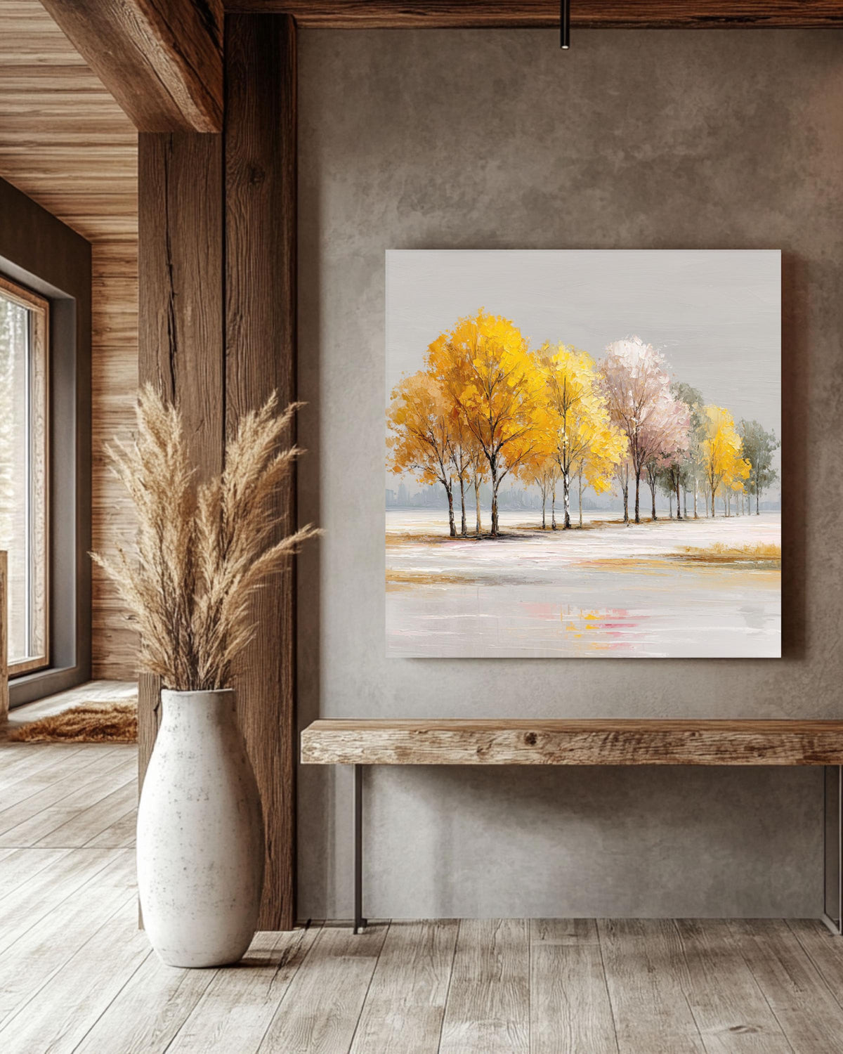 Autumn Trees Canvas Print, Modern Textured Fall Landscape Painting, Yellow Gold Acrylic Wall Art