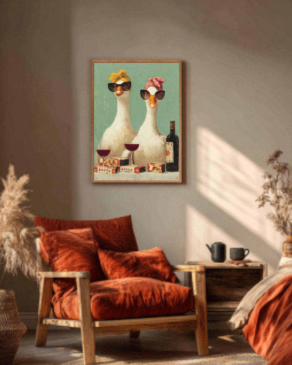 Funny Geese Art Print, Retro Kitchen Decor, Rustic Farmhouse Canvas