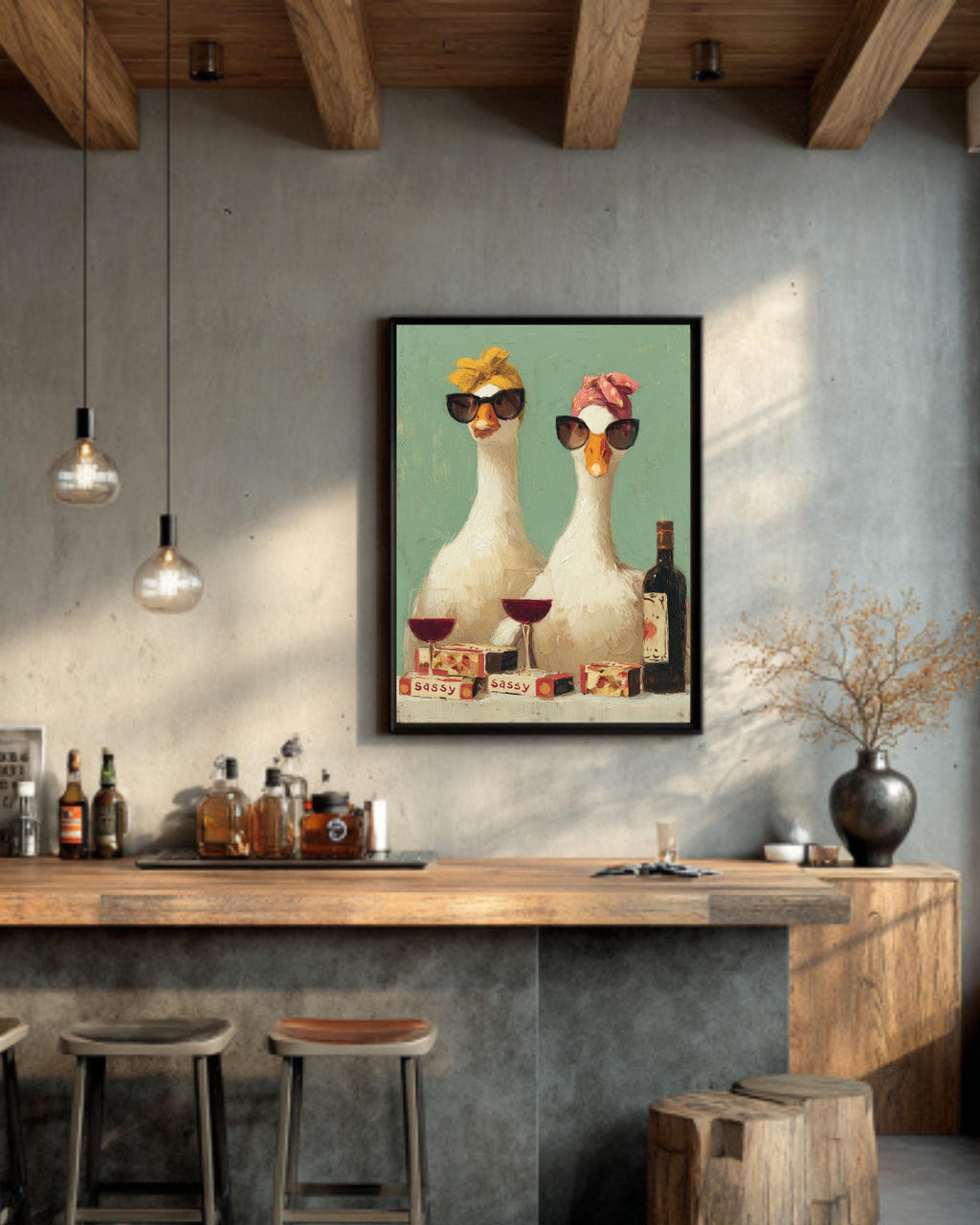 Funny Geese Art Print, Retro Kitchen Decor, Rustic Farmhouse Canvas