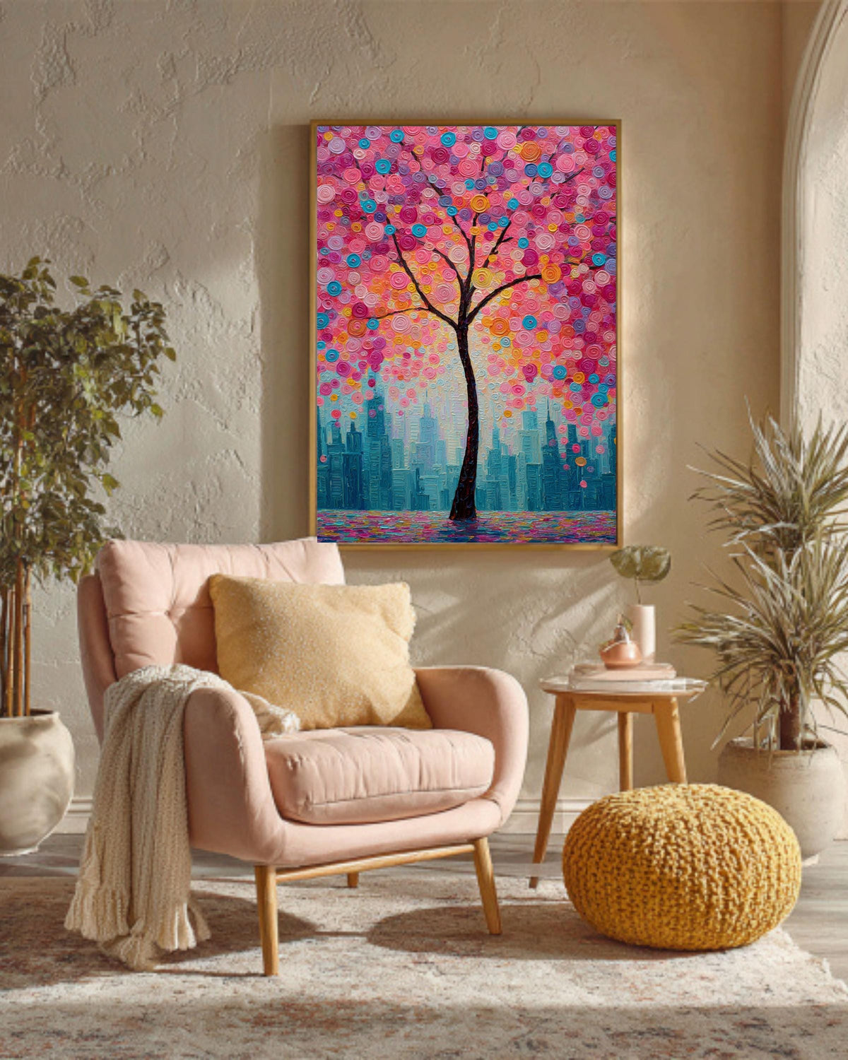 Textured Cherry Blossom Tree Canvas Art: Modern City Skyline Painting