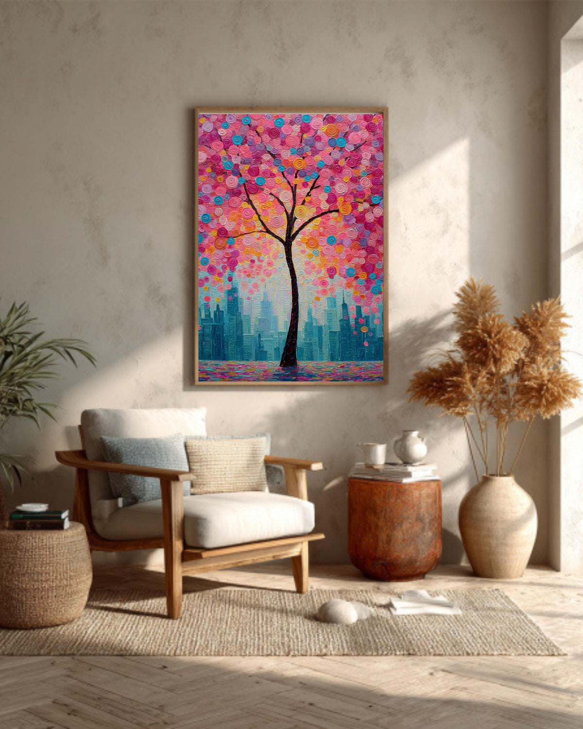 Textured Cherry Blossom Tree Canvas Art: Modern City Skyline Painting