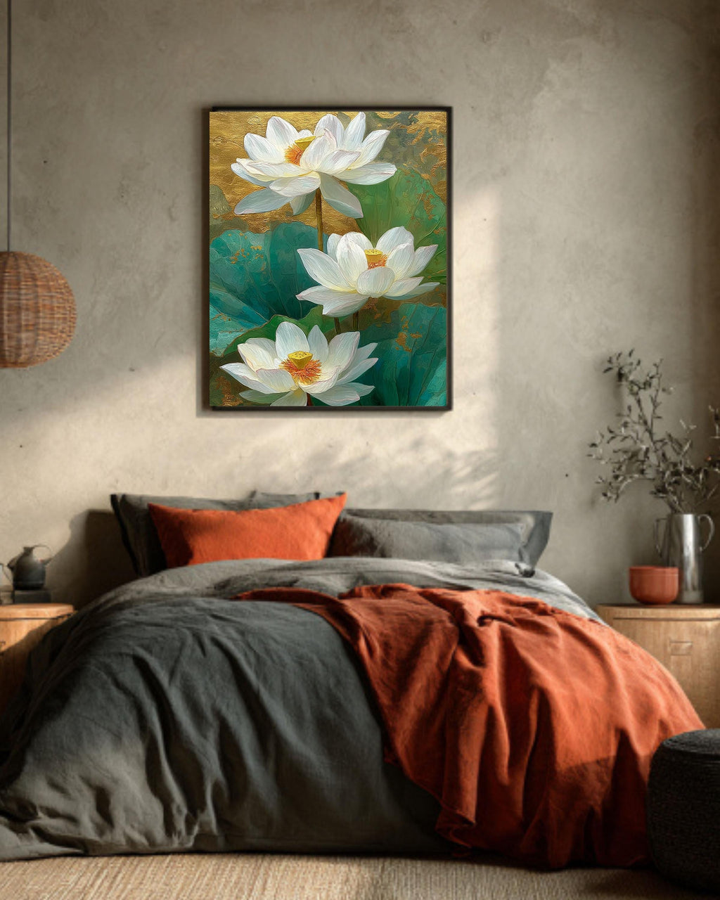 Gold White Lotus Canvas Art Print: Elegant Asian Floral Wall Decor