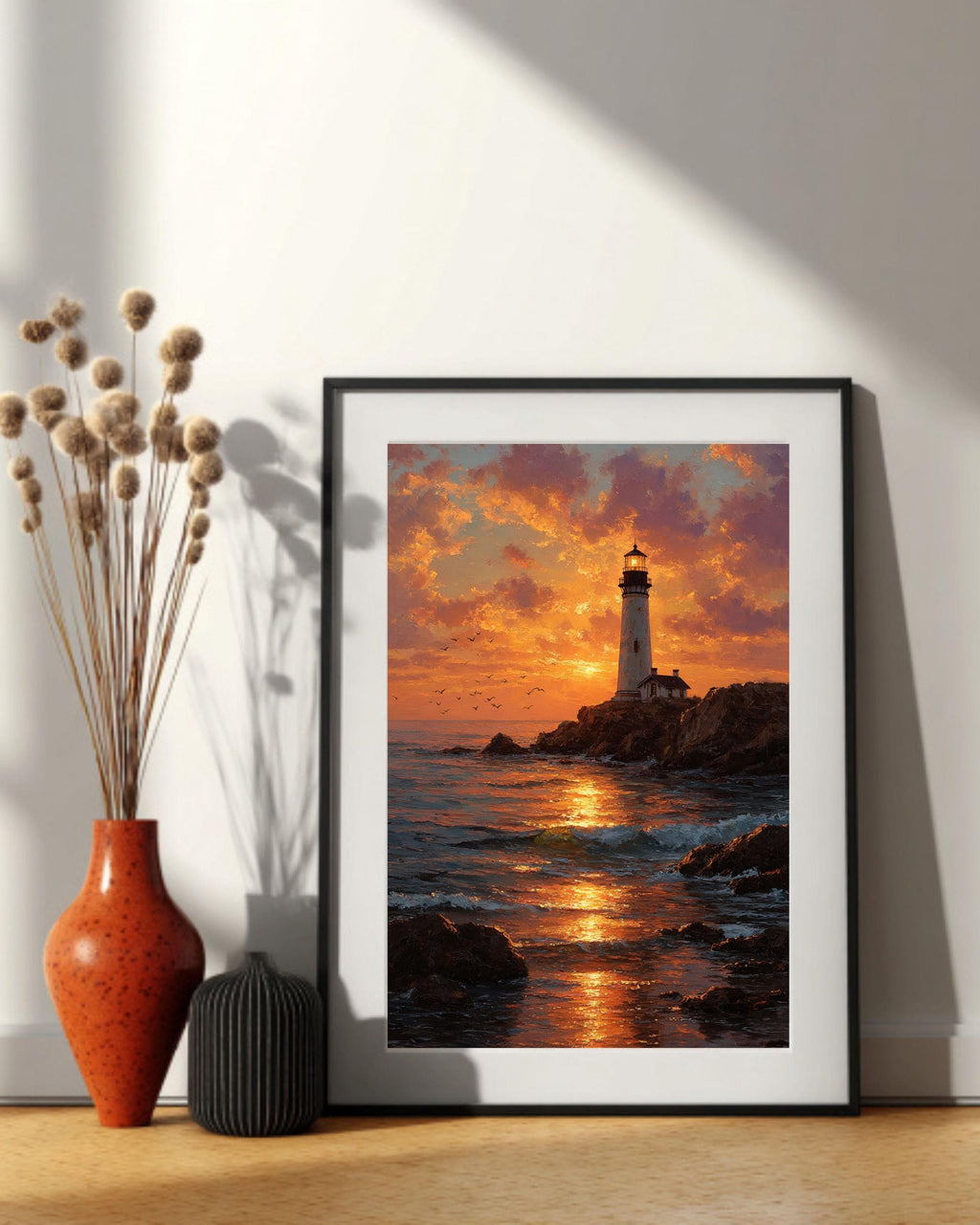 Textured Lighthouse Sunset Canvas Print: Coastal Nautical Wall Art