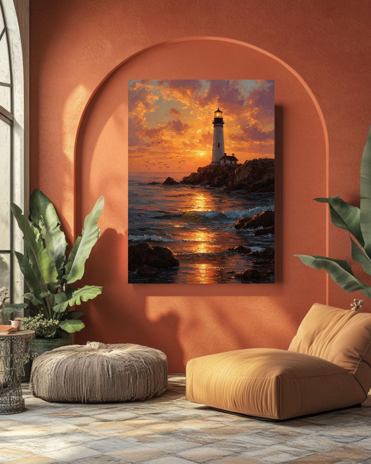 Textured Lighthouse Sunset Canvas Print: Coastal Nautical Wall Art