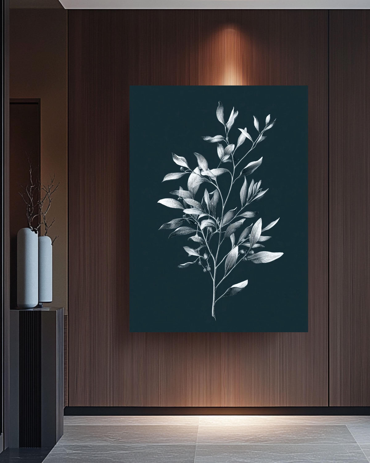 Minimalist Olive Branch Botanical Print, Monochrome Navy Wall Art, Elegant Modern Farmhouse Canvas Decor