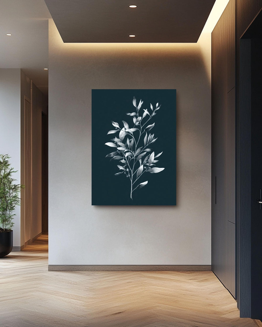 Minimalist Olive Branch Botanical Print, Monochrome Navy Wall Art, Elegant Modern Farmhouse Canvas Decor