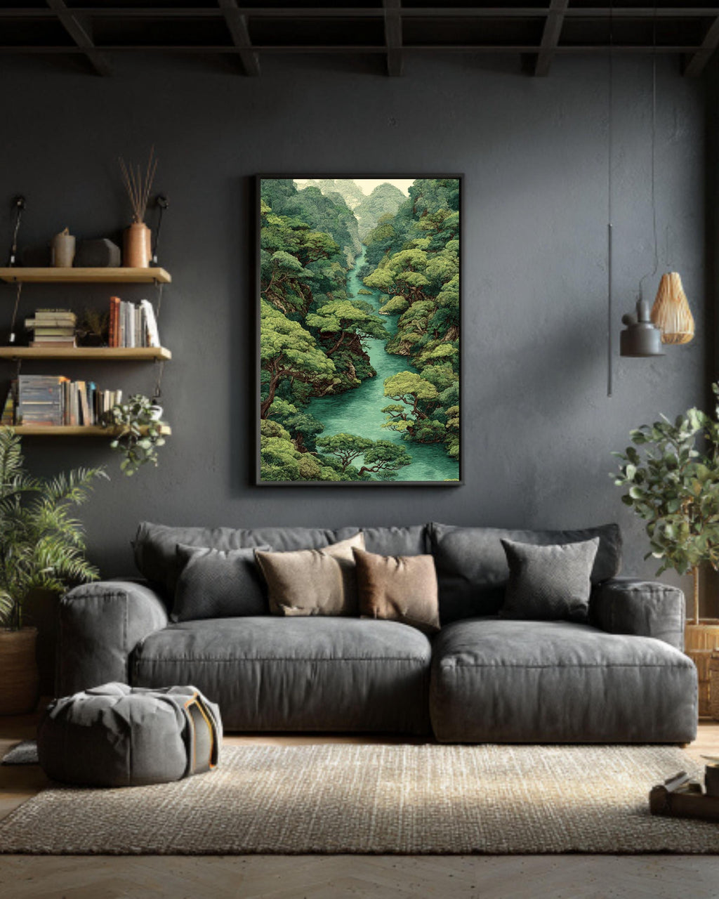 Green Forest River Canvas Art: Vintage Style Jungle Landscape Print