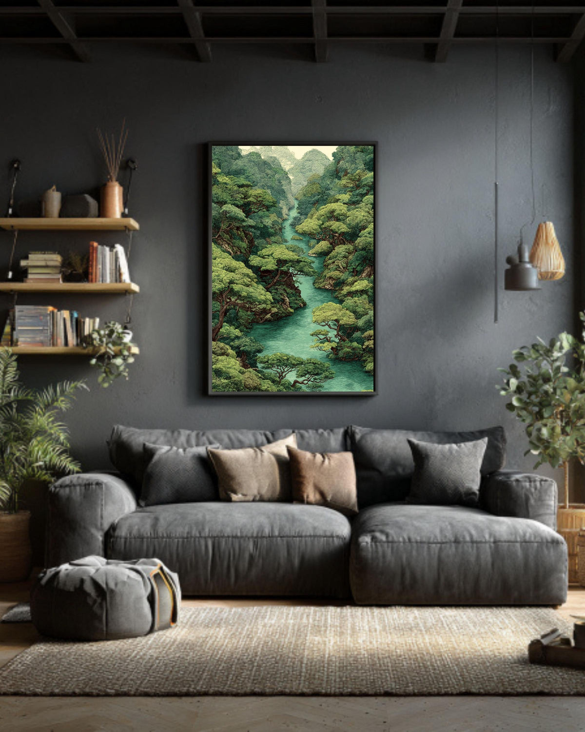 Green Forest River Canvas Art: Vintage Style Jungle Landscape Print