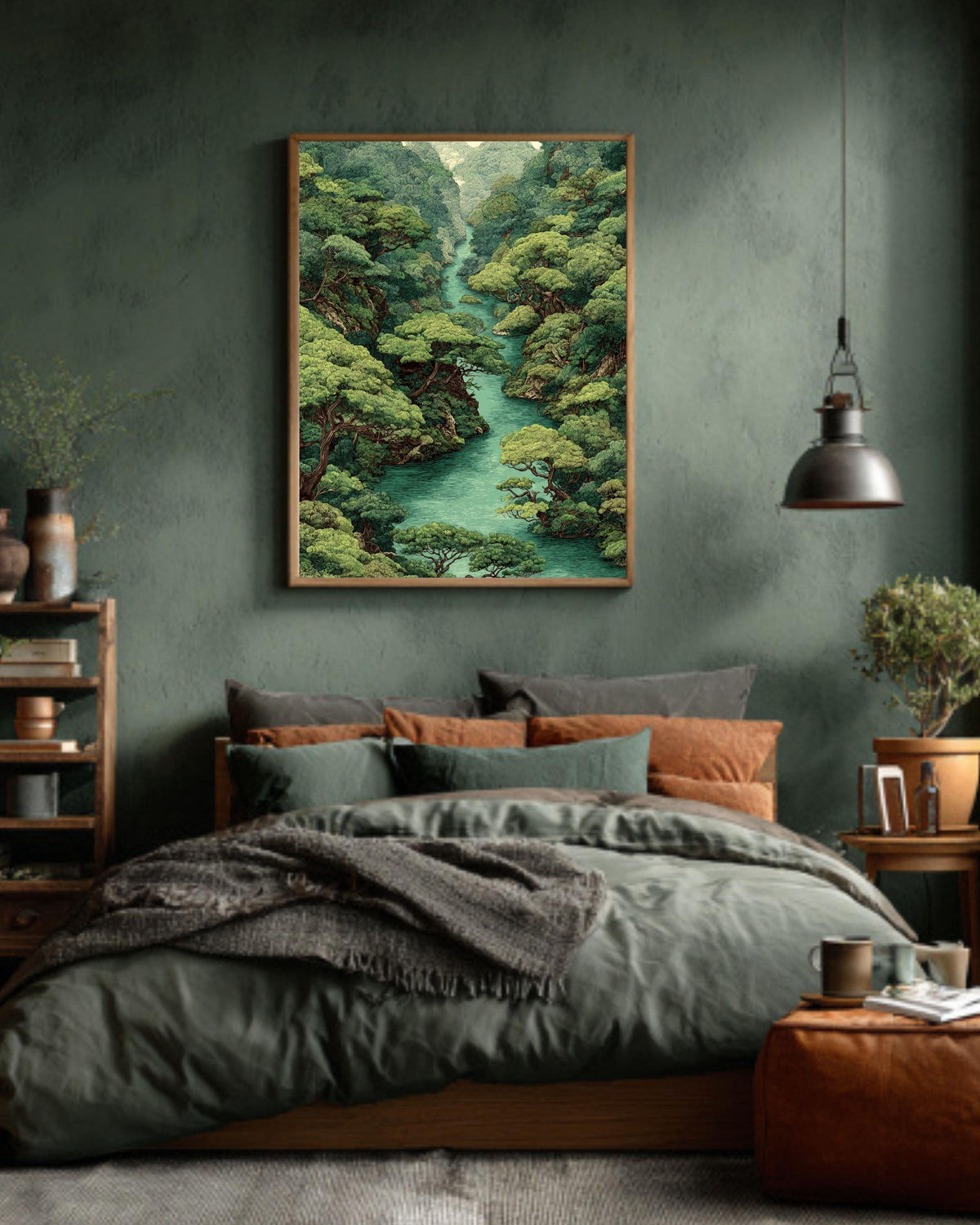 Green Forest River Canvas Art: Vintage Style Jungle Landscape Print