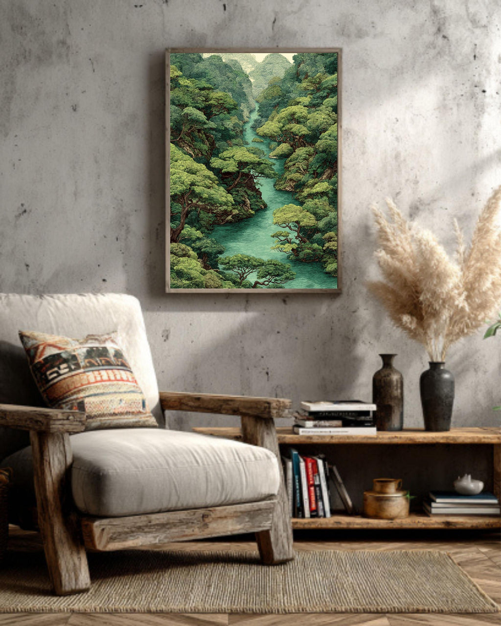 Green Forest River Canvas Art: Vintage Style Jungle Landscape Print