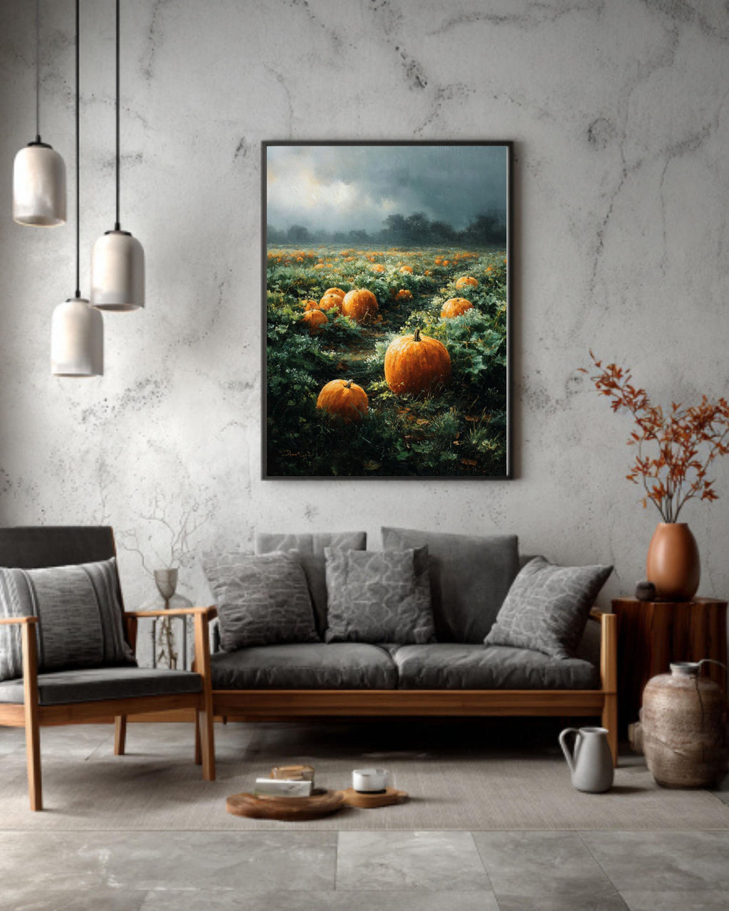 Vintage Pumpkin Field Oil Painting, Rustic Autumn Farmhouse Canvas Print