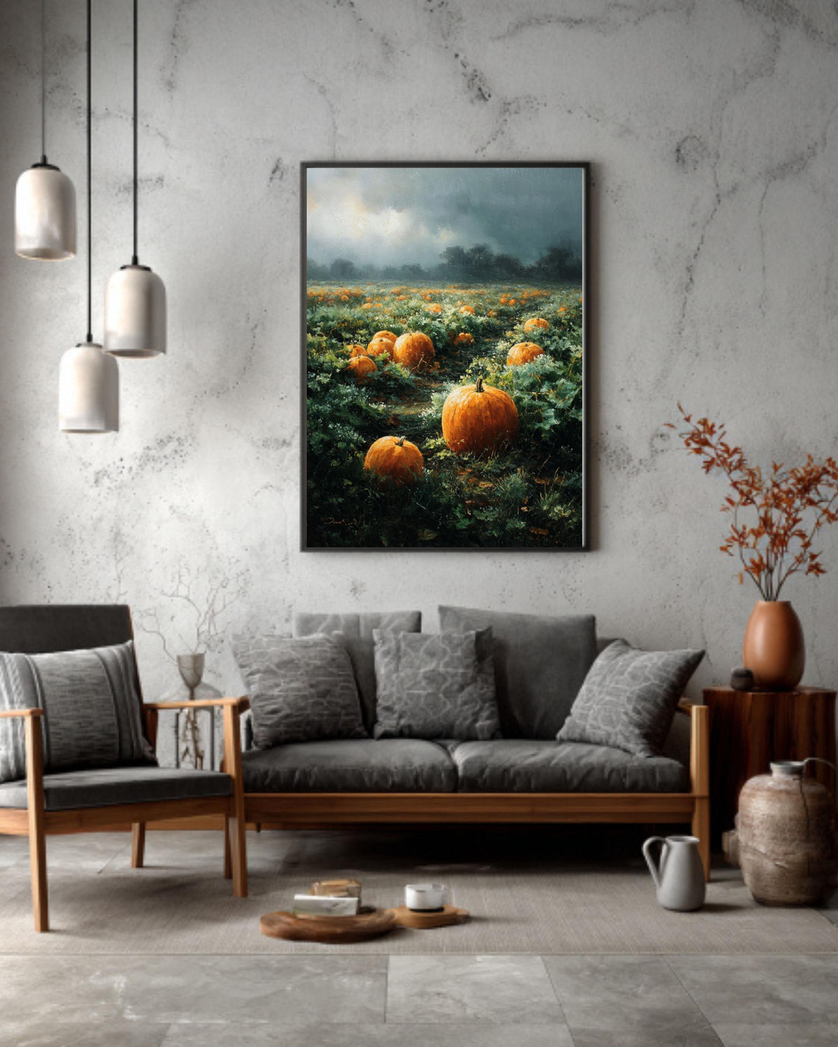 Vintage Pumpkin Field Oil Painting, Rustic Autumn Farmhouse Canvas Print