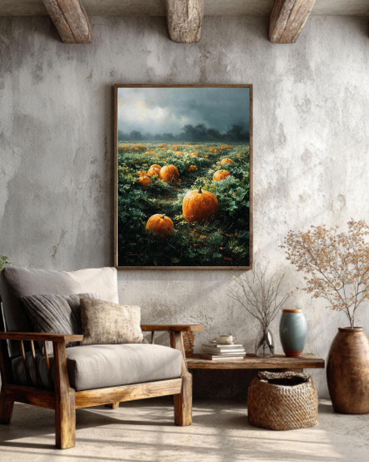 Vintage Pumpkin Field Oil Painting, Rustic Autumn Farmhouse Canvas Print