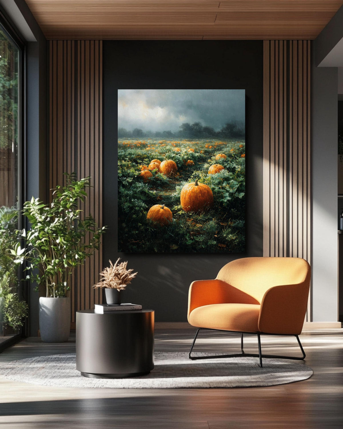 Vintage Pumpkin Field Oil Painting, Rustic Autumn Farmhouse Canvas Print