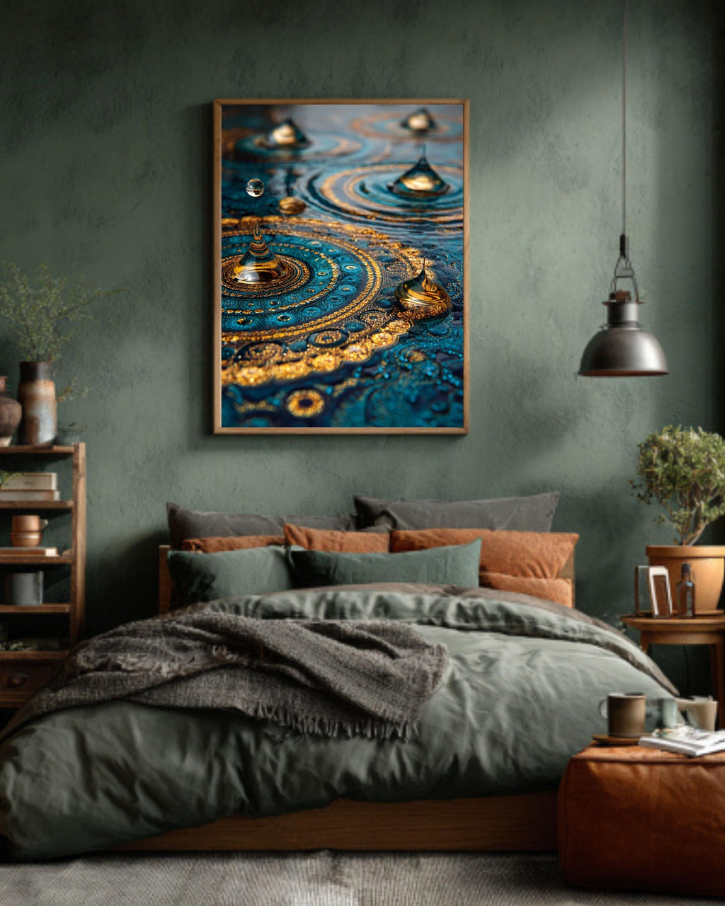 Blue Gold Mandala Canvas Art: Abstract Water Ripples Wall Decor