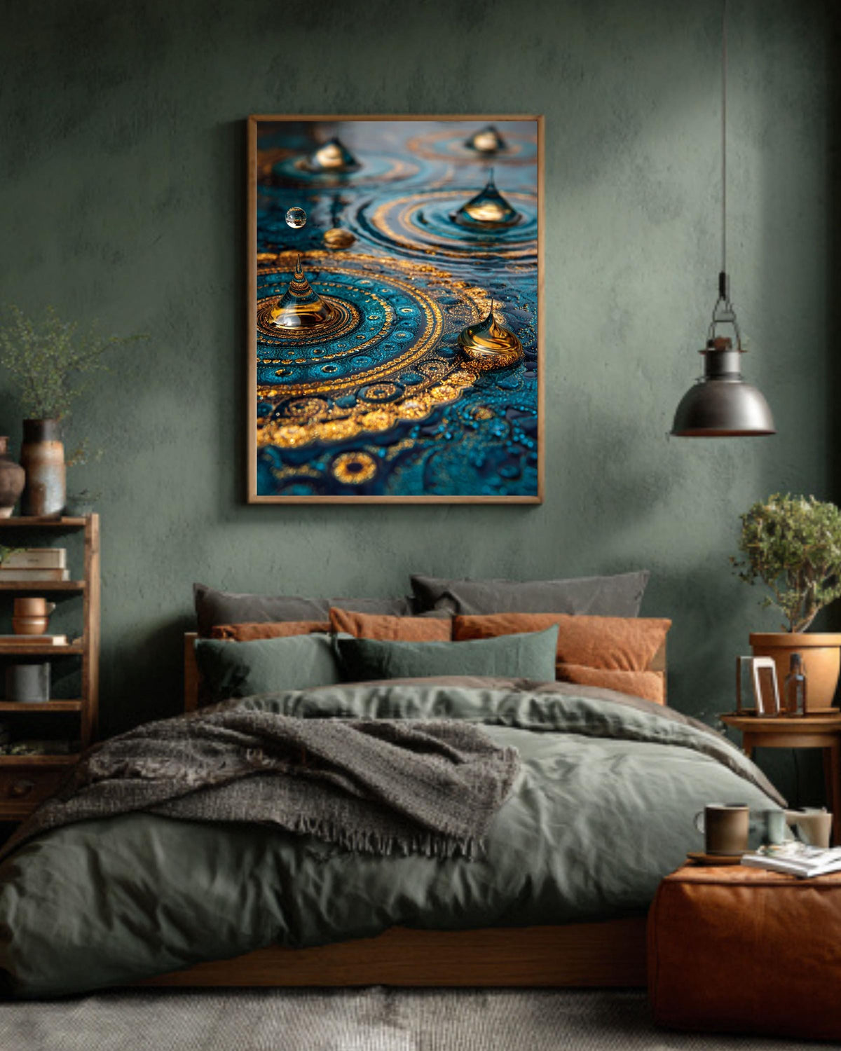 Blue Gold Mandala Canvas Art: Abstract Water Ripples Wall Decor