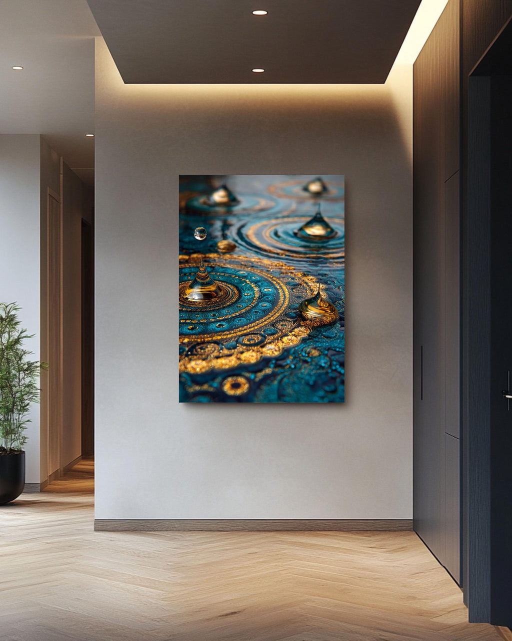 Blue Gold Mandala Canvas Art: Abstract Water Ripples Wall Decor