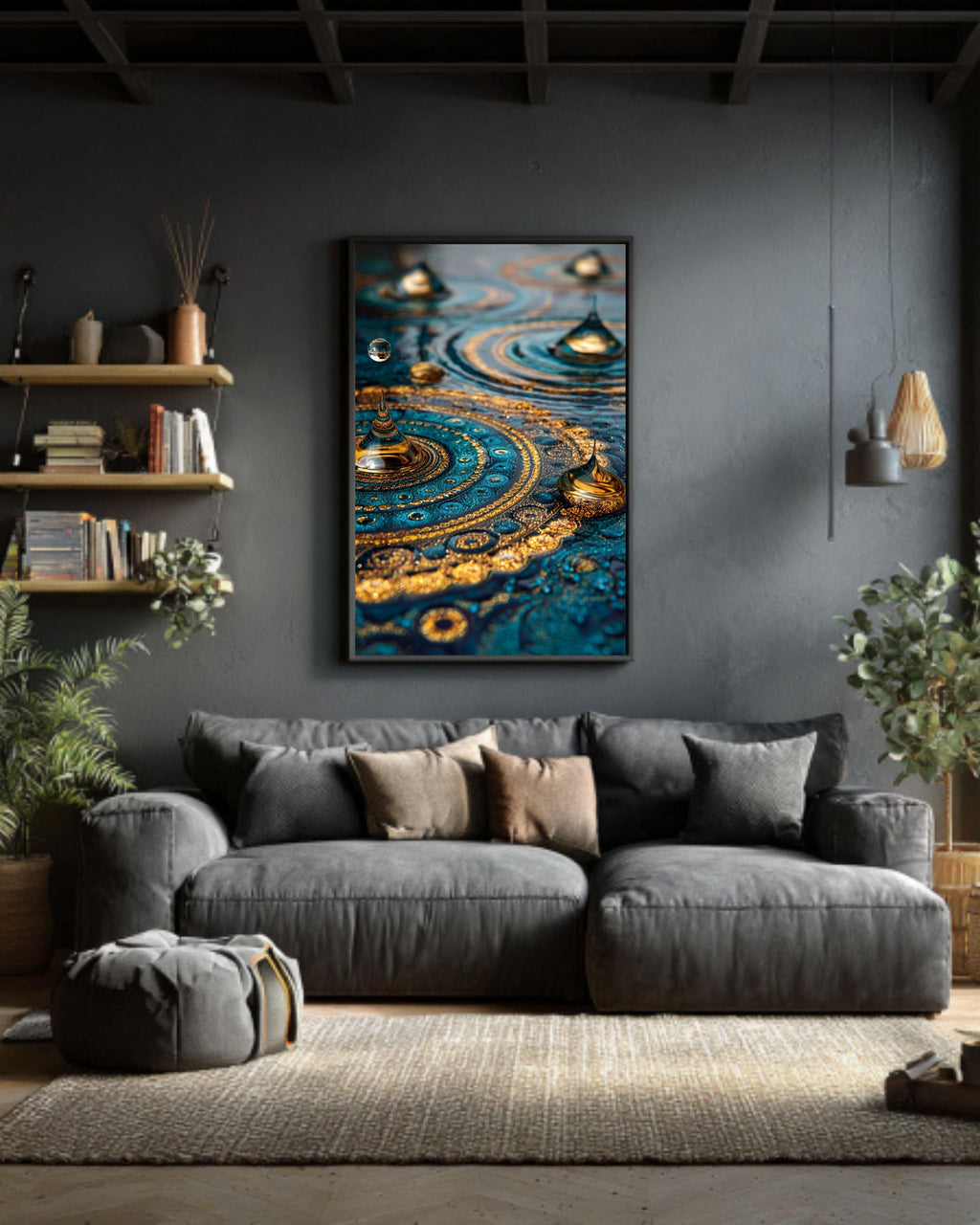 Blue Gold Mandala Canvas Art: Abstract Water Ripples Wall Decor