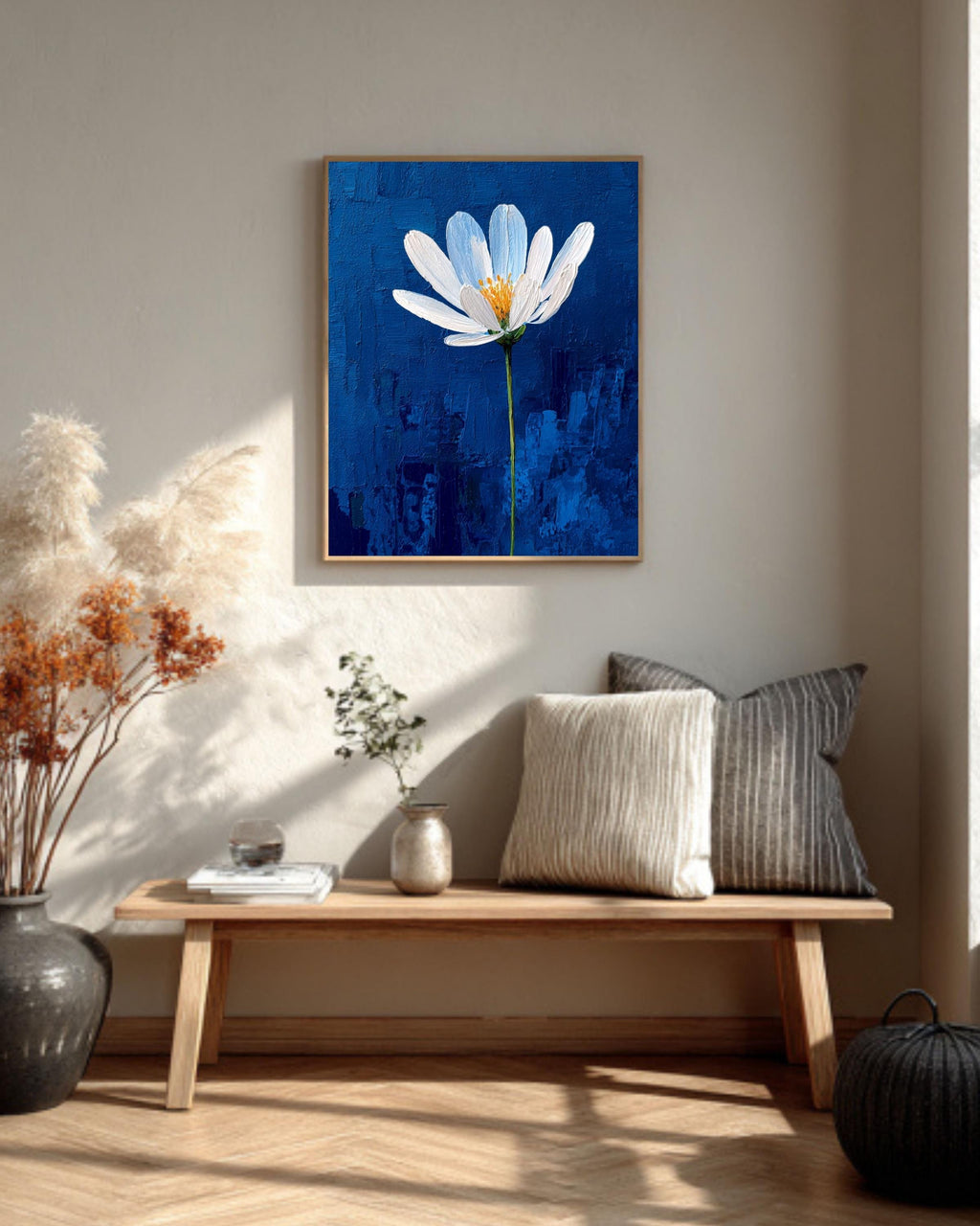 White Flower on Blue Impasto Canvas, Minimalist Textured Floral Art