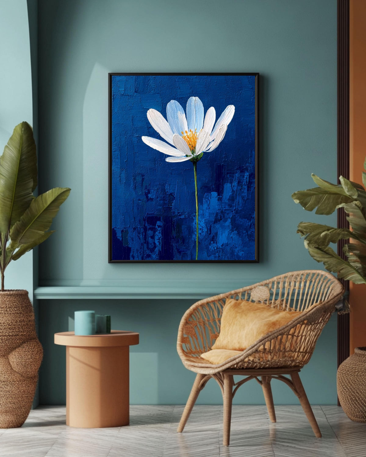 White Flower on Blue Impasto Canvas, Minimalist Textured Floral Art