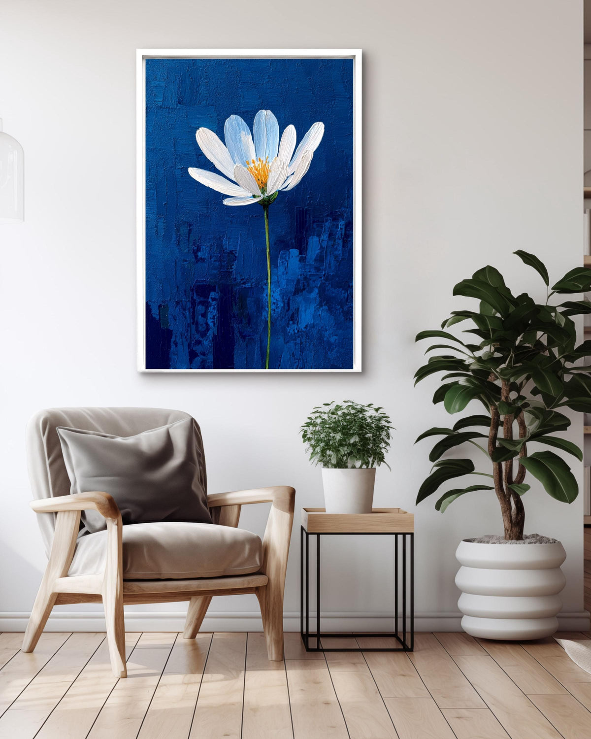 White Flower on Blue Impasto Canvas, Minimalist Textured Floral Art