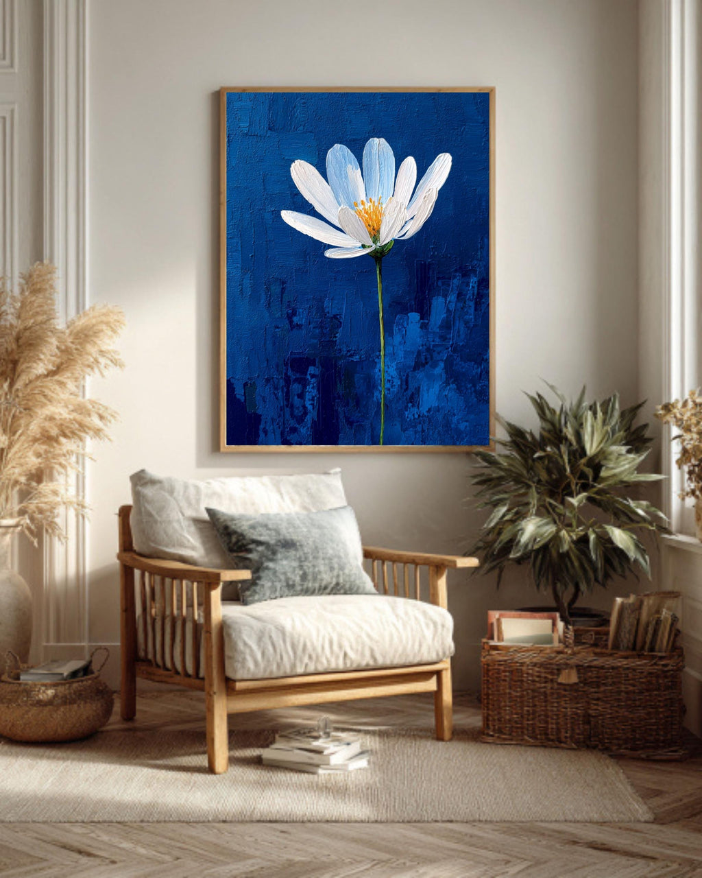 White Flower on Blue Impasto Canvas, Minimalist Textured Floral Art