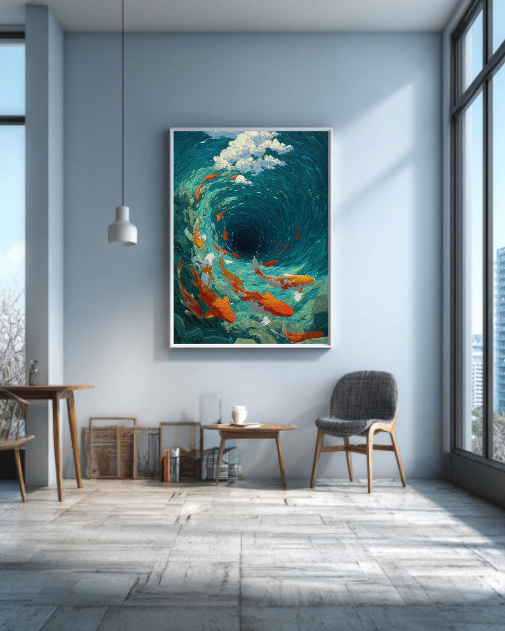 Koi Fish Vortex Canvas Print, Teal Japanese Asian Wall Art