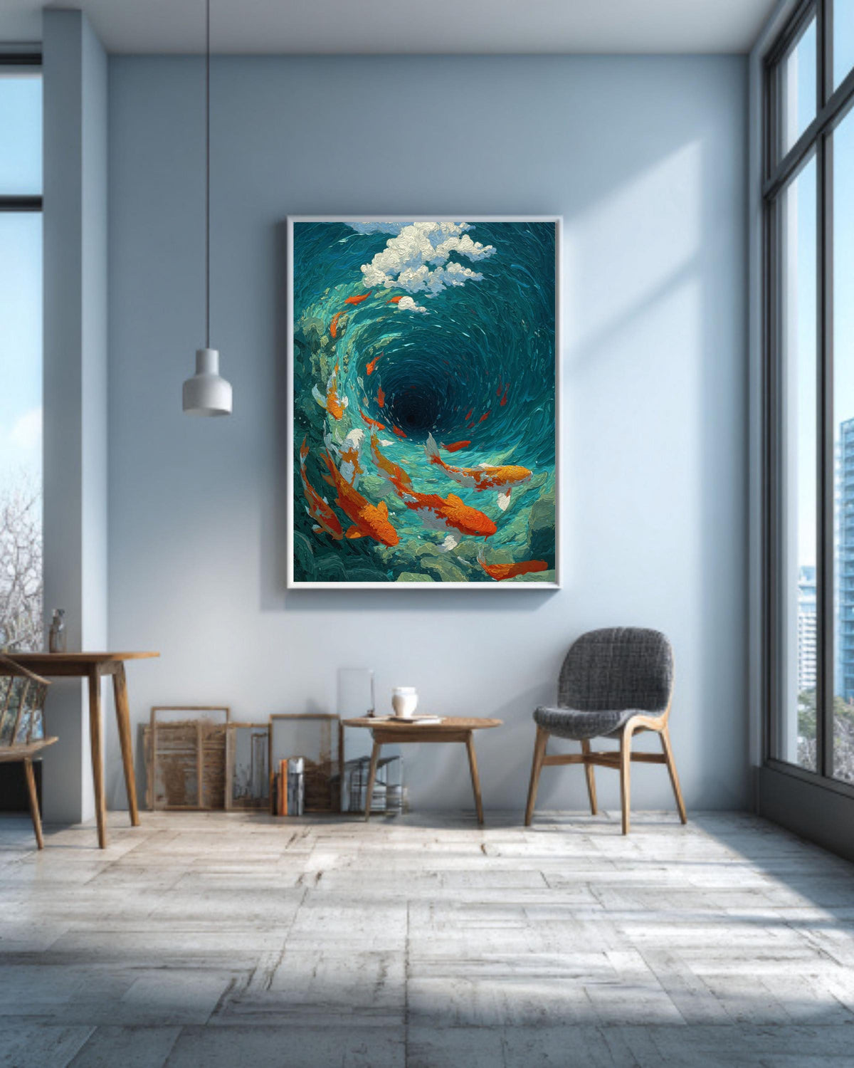 Koi Fish Vortex Canvas Print, Teal Japanese Asian Wall Art