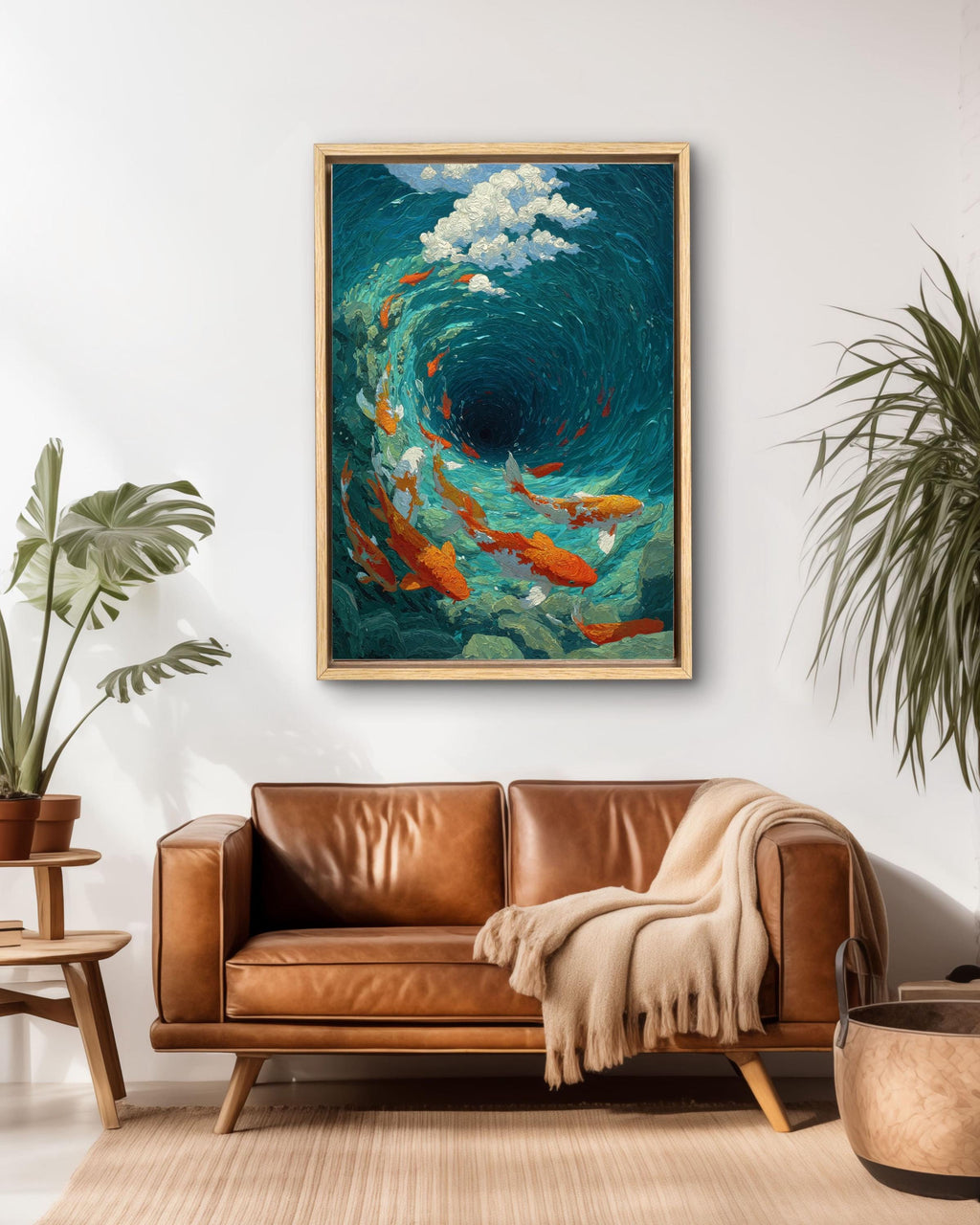 Koi Fish Vortex Canvas Print, Teal Japanese Asian Wall Art