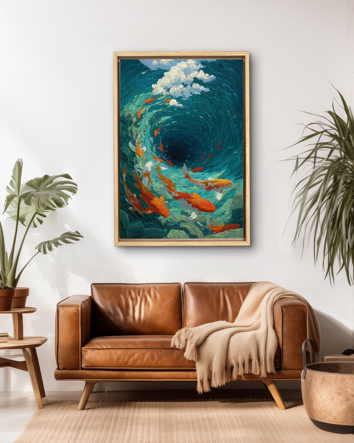 Koi Fish Vortex Canvas Print, Teal Japanese Asian Wall Art